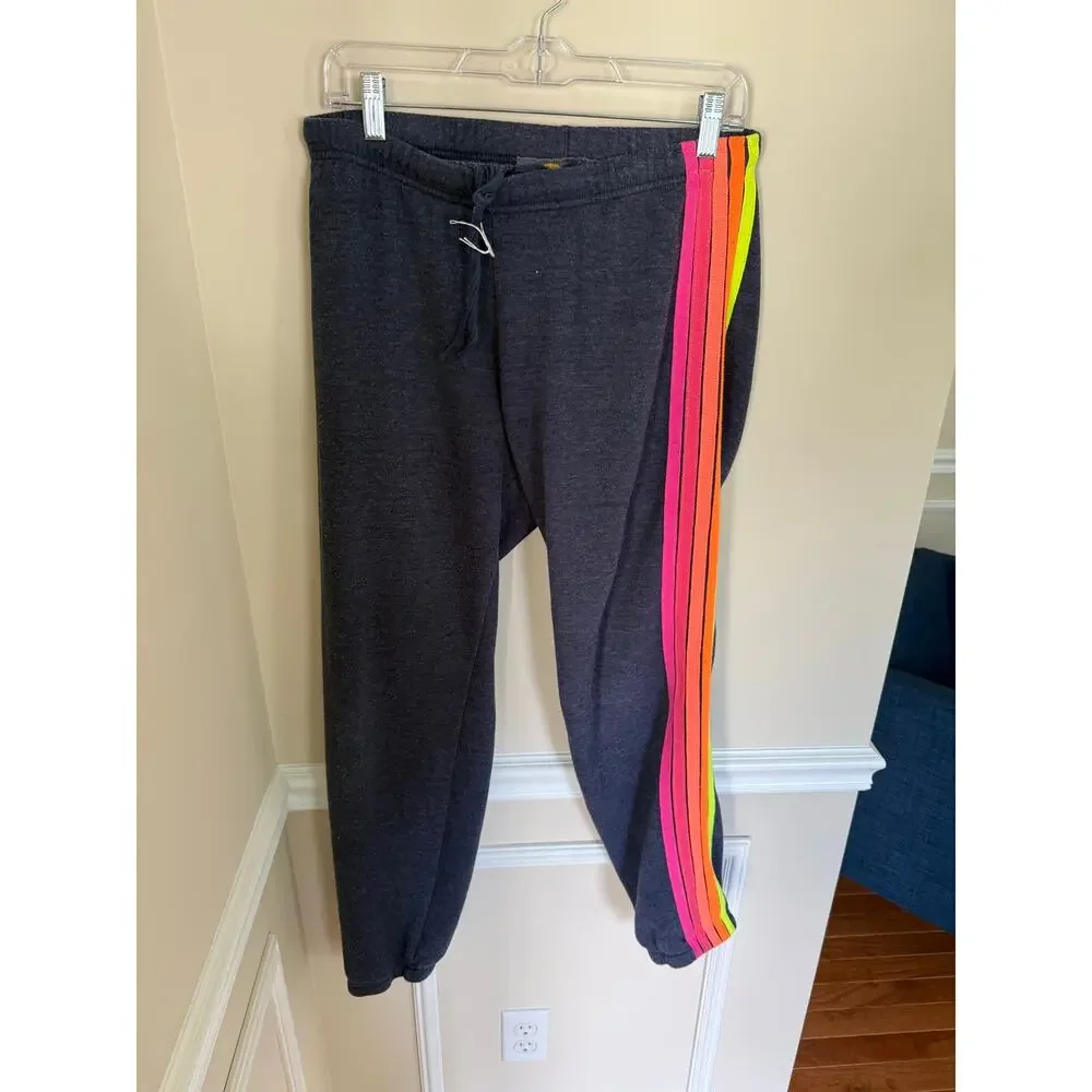 Aviator Nation | 5 Stripe Neon Rainbow Women’s Large Heather Dark Gray Joggers